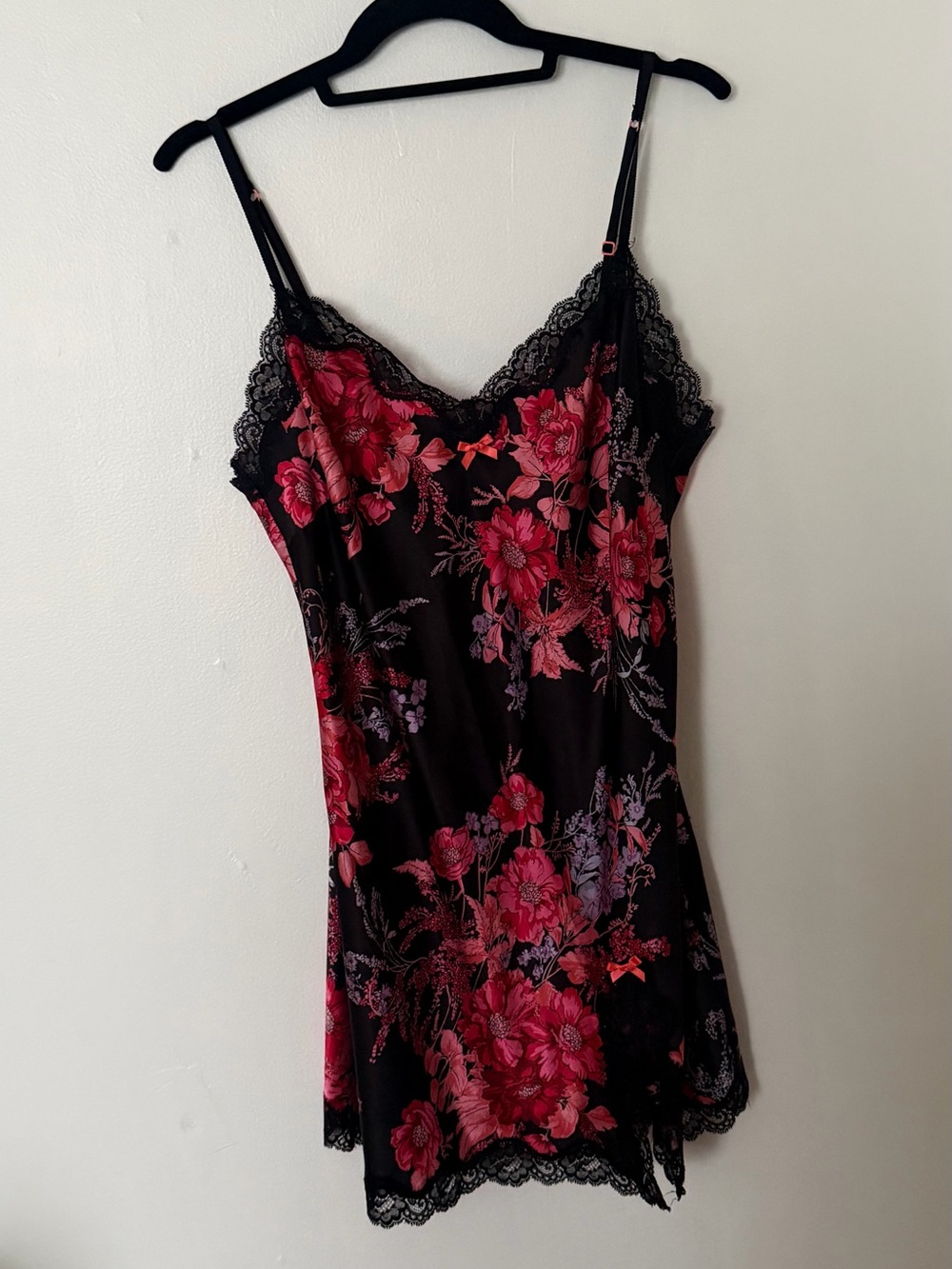 Vintage Victoria's Secret Black Slip Dress with Pink Floral Print